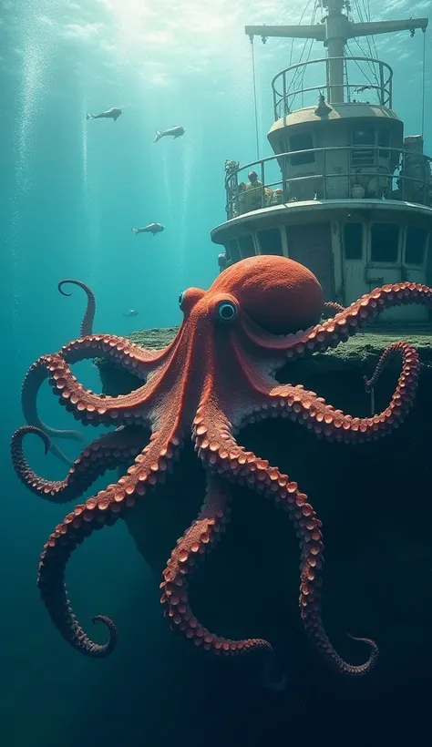 Giant octopus caught in a large boat

