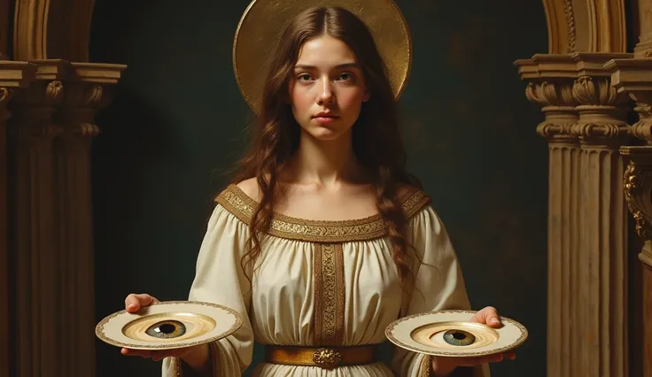 Create an image of Saint Luzia with the plates in her hands and two eyes on the plates