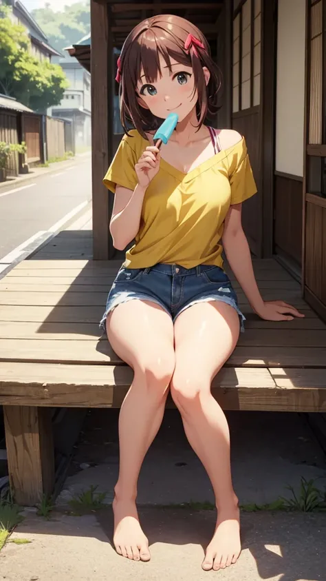 CG, unity, 8k, wallpaper, highest quality, masterpiece, haruka amami, (smile: 1.2), sitting on the engawa, yellow camisole BREAK denim shorts, barefoot, thighs, sweat, best lighting, complex pupils, complex textile, detailed background, Japanese countrysid...