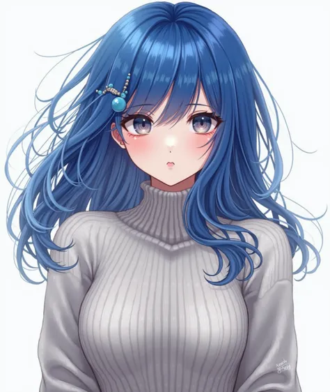 1 girl, blue hair, long hair, looking at viewer, tight sweater, thin sweater,