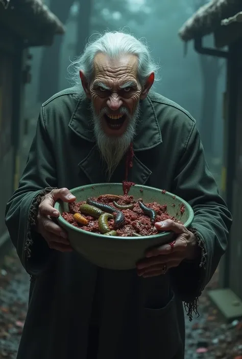 an old man with a creepy, angry face carries a bowl containing pieces of human flesh that contains disgusting caterpillar caterpillars and a horror backdrop at night 