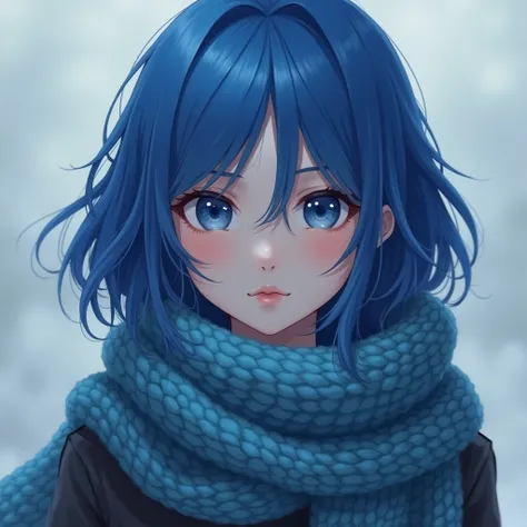 The girl has blue hair and blue eyes and is wearing a scarf