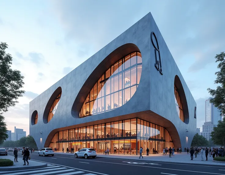 DESIGN THE EXTERIOR FAÇADE OF A SPORTS CENTER IN AN EXTERIOR PERSPECTIVE