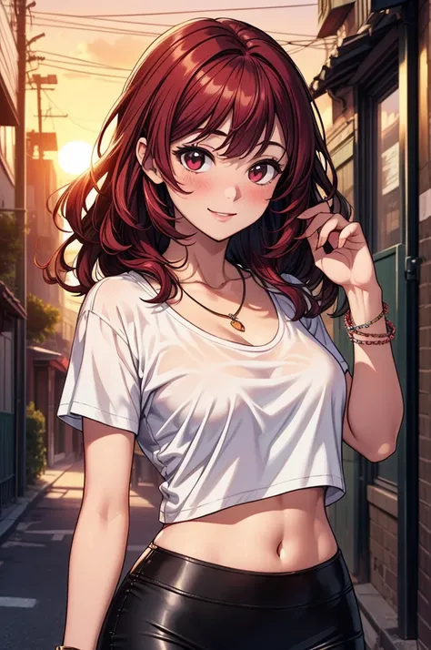 ((masterpiece, best quality:1.3, high detail)), beautiful woman, smile, looking at viewer, medium wavy hair, (maroon hair), full-face blush, (white t-shirt cropped), (long black pencil skirt), midriff, navel, necklace, bracelets, collarbone, outdoors, (sun...