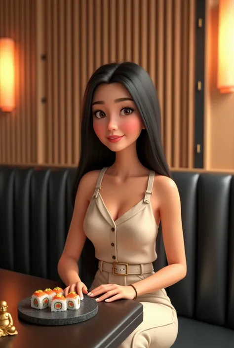 Woman 30 years, long straight black hair, wearing creme short sleeveless buttoned vest and creme long loose trousers with white sneakers. At Sushi restaurant with wood slat paneling in walls, black rectangular tables, sitting on black leather upholstered b...