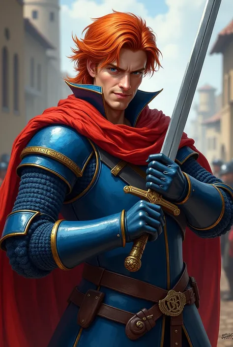 Red haired 1700s armored soldier with blue clothes and red scarf draws his sword with a smirk