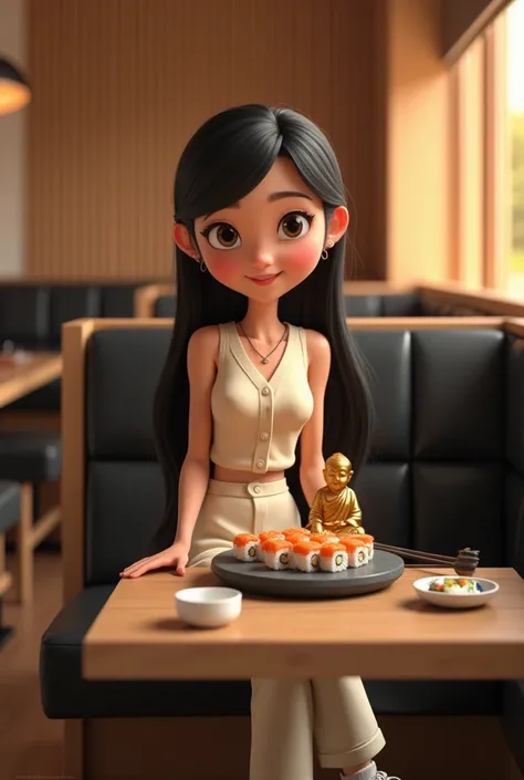 Woman 30 years, long straight black hair, wearing creme short sleeveless buttoned vest and creme long loose trousers with white sneakers. At Sushi restaurant with wood slat paneling in walls, black rectangular tables, sitting on black leather upholstered b...