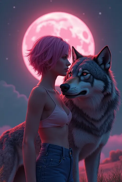 prompt: create an 8k, hyper realistic, airbrush glossy gta v cinematic poster style image of a beautiful girl with a soft sexy short 
hair shape
name Aa pink

 long hair  beside a large, snarling wolf with intricate Reggie background moon 
