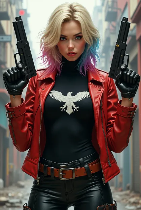  Blonde woman with blue hair and red jacket holding two automatic weapons in her hands,  she is wearing a red jacket ,  black leather pants with brown leather belt and buckle,  bleached blonde hair with blue and pink ,  black turtleneck blouse, With an eag...