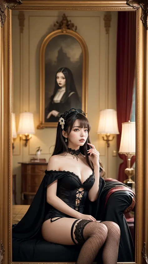 ④ "A hauntingly elegant reinterpretation of [Mary-sans Phone] as the ultimate Gothic Lolita character. She exudes a playful yet mysterious aura as she sits gracefully, her posture refined and inviting. Her hair, styled with the intricate finesse of a roost...