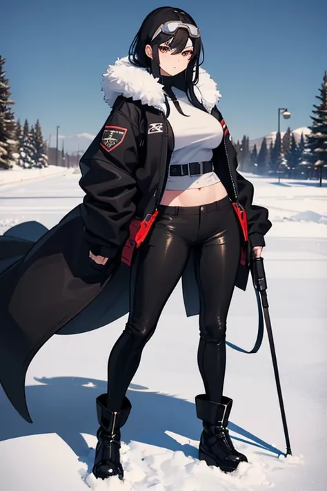 Hot girl, beautiful long black hair, dark brown eyes, snow goggles over her head, black pants, big medium breasts, A closed short black jacket with Whitefur, big hips, long black sheer socks, snow boots, cozy area, normal expression, NOT LOOKING AT THE VIE...