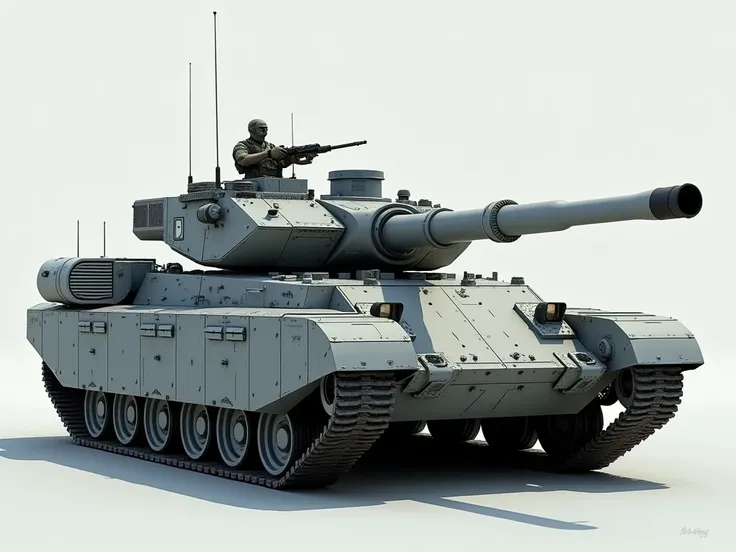 A grey sci-fi tank that appears to be a mix of an Leopard A2 and a M1 Abrams, on top of its turret is a Mg3 Remote Controled Machine Gun, in the turret the main gun is a 140mm cannon with a bulge in its middle to exhaust gas, on the very back of the tank t...