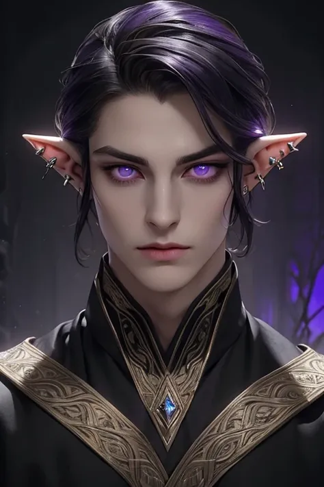 portrait front facing, of a  young male elf with a commanding and regal presence, cultivated through years of political maneuvering and martial discipline. He stands tall with a lean, graceful build, exuding both strength and elegance. His sleek, jet-black...