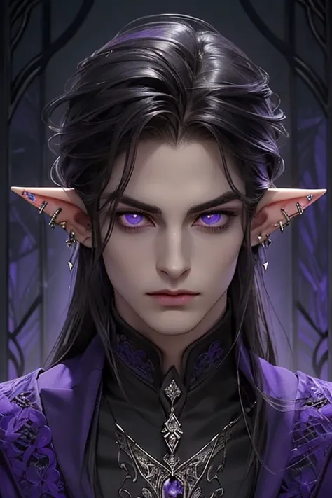 portrait front facing, of a  young male elf with a commanding and regal presence, cultivated through years of political maneuvering and martial discipline. He stands tall with a lean, graceful build, exuding both strength and elegance. His sleek, jet-black...