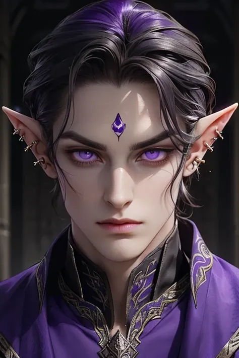 portrait front facing, of a  young male elf with a commanding and regal presence, cultivated through years of political maneuvering and martial discipline. He stands tall with a lean, graceful build, exuding both strength and elegance. His sleek, jet-black...