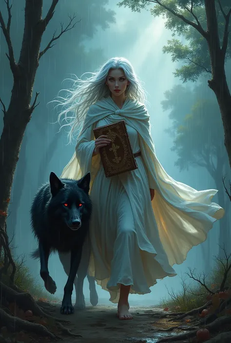  Leaving the forest it is possible to see the silver-haired magician with her red-eyed black wolf , They are wet the rain is pouring down  , rays in the sky strong wind shakes the white robe she wears she holds a grimoire in her arms