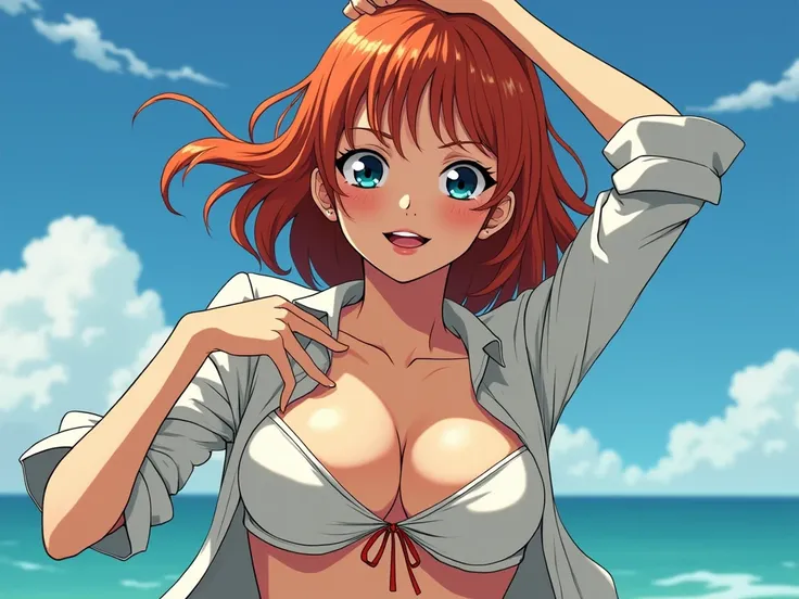 One Piece anime illustration Nami is all wet she has beautiful and tasty breasts she is wearing a very short shirt she is super sexy ala she is showing her ass forward she is rolling her ass 