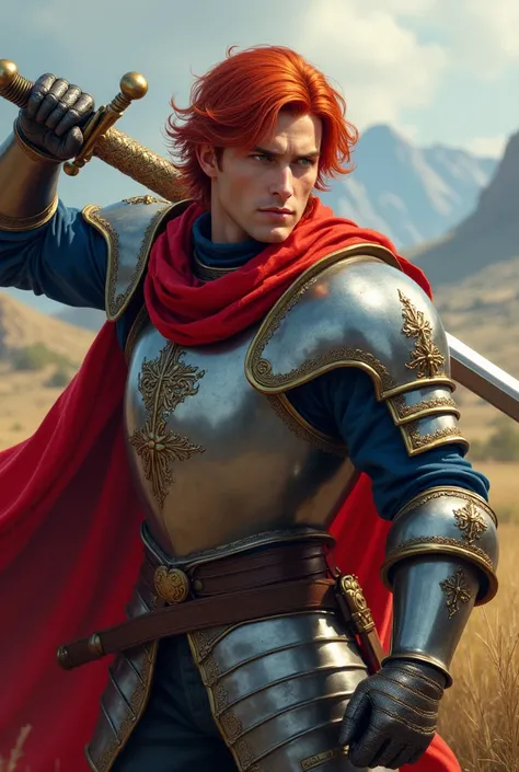 Red haired 1700s armored soldier with blue under clothes and red scarf draws his sword with a smirk