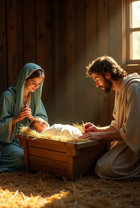  In the image the setting is of a humble wooden house ,  and in it we see a baby in a large, deep old wooden manger with straw inside,  the manger is tall and has its back to the wall, The baby has its back to the wall , with feet forward ,  this baby that...