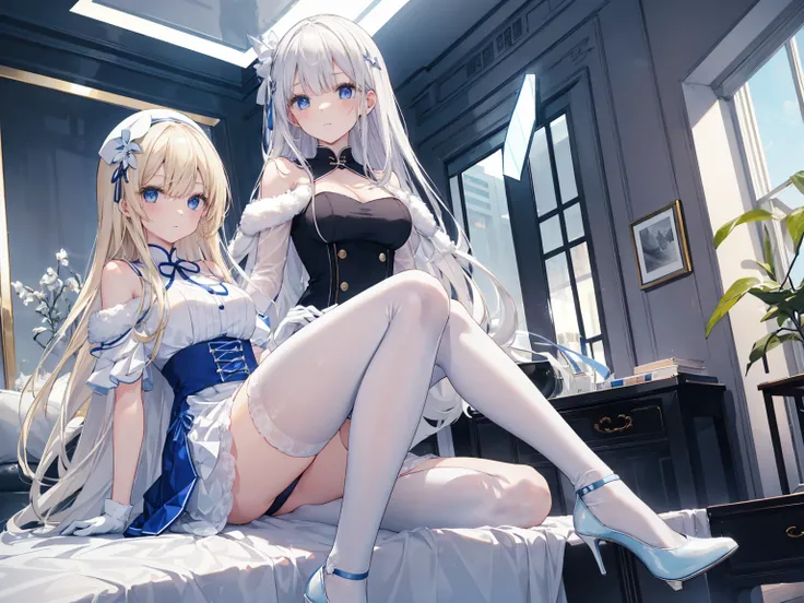 A modern living room ，Two girls。
 One is wearing a blue and white off-the-shoulder pleated skirt ，Match it with white stockings， A blonde angel with blue heels and white gloves 。
 One is wearing a white over-the-knee dress with a high collar with fur edges...