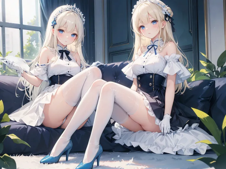 A modern living room ，Two girls。
 One is wearing a blue and white off-the-shoulder pleated skirt ，Match it with white stockings， A blonde angel with blue heels and white gloves 。
 One is wearing a white over-the-knee dress with a high collar with fur edges...