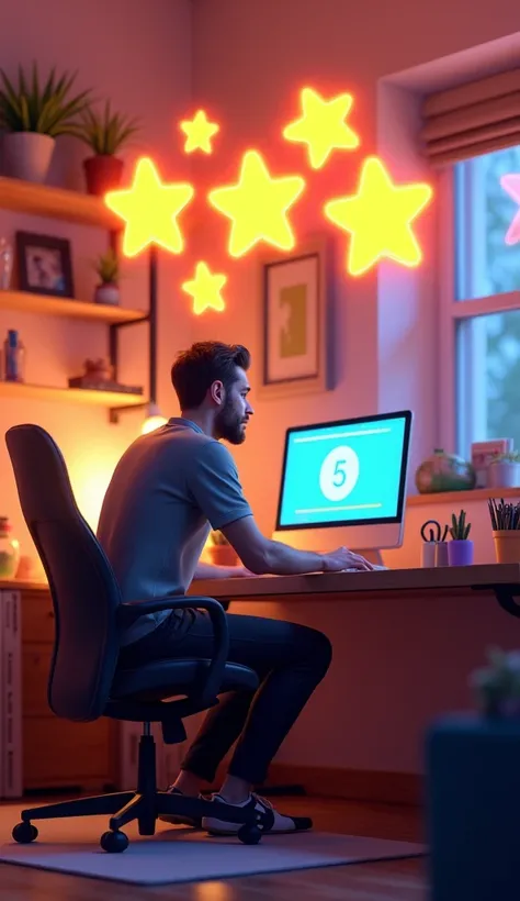 3d art style of a man sitting at desk on with computer surrounded by glowing “5-STAR REVIEW” bubbles in their home studio