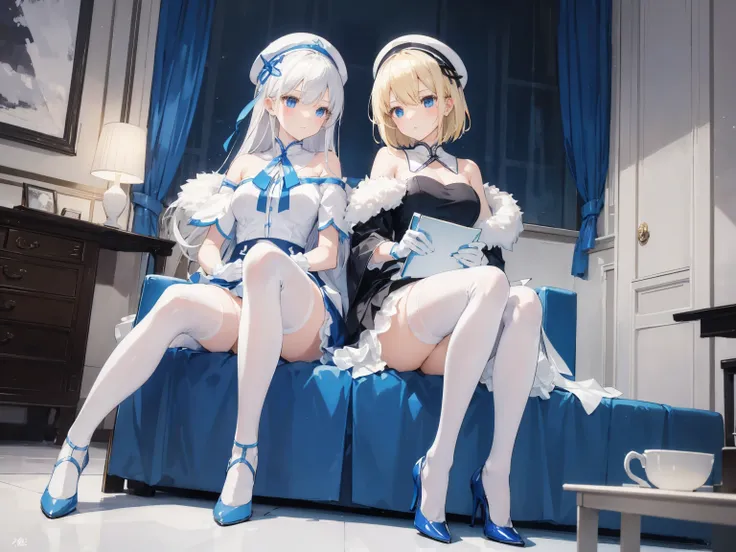 A modern living room ，Two girls。
 One is wearing a blue and white off-the-shoulder pleated skirt ，Match it with white stockings， A blonde angel with blue heels and white gloves 。
 One is wearing a white over-the-knee dress with a high collar with fur edges...