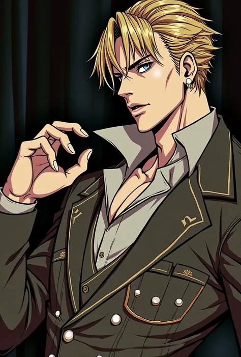 Does Dio Brando have platinum blonde hair,  angular features and an arrogant posture.  He wears elegant clothes and , As a vampire ,  his skin turns pale ,  intensifying his menacing presence .
