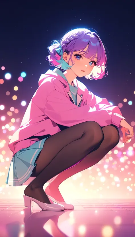 ( best quality:1.2,  Very detailed, Latest,  vibrant , High contrast, masterpiece:1.2,  best quality,  best aesthetics),  girl, ((Composition above the knees :1.4)),  colorful hair,Short bob ponytail with braids ,  pastel colors ,  1980s Style , ((Retro,  ...