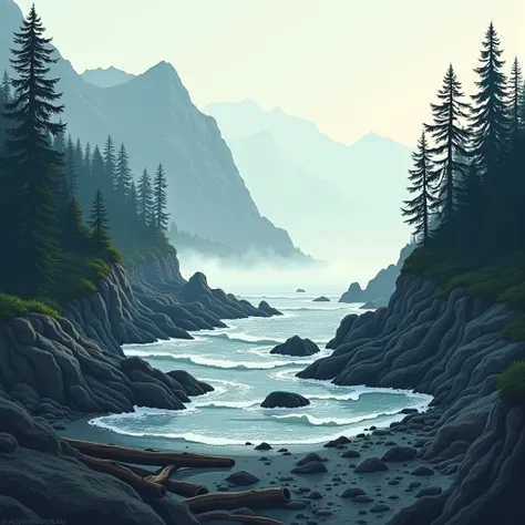 Render an intimate, atmospheric landscape illustration depicting a dramatic Canadian west coast ocean shoreline. The scene should feature a rocky, cliff-lined coastline with crashing waves and a small, sheltered cove or inlet. In the background, towering, ...