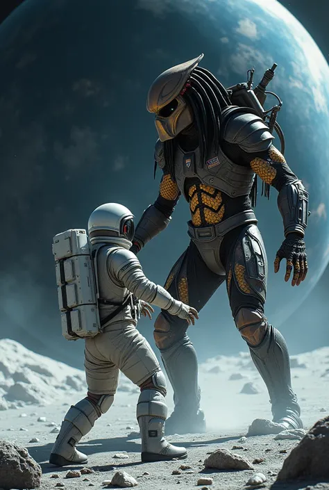 An image of an astronaut fighting on the moon with the predator 