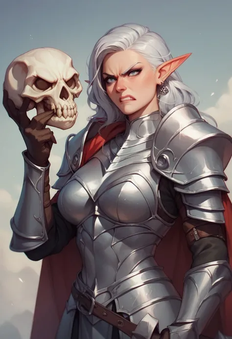 Black elf, angry face, silver armor, holding a skull