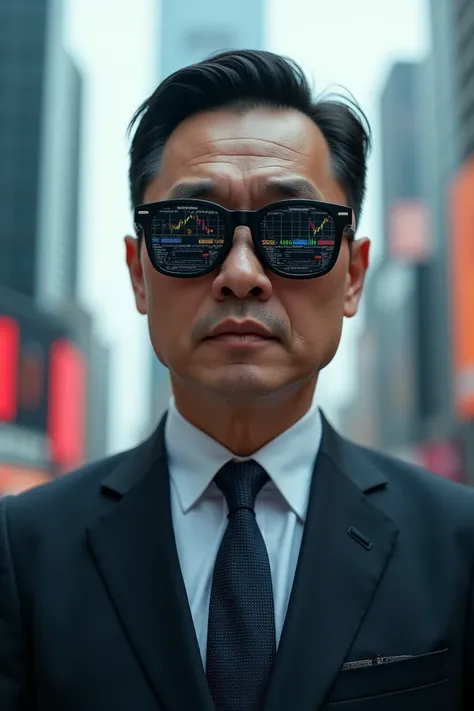 A Chinese Trader who looks like me with sunglasses and in the lenses that show trading charts 