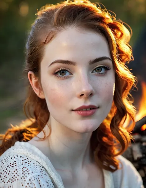 photography half body portrait of very beautiful realistic girl, sitting in front of bonfire, porcelain skin, very fair skin, very pale skin, redhead, wavy, ponytail, hazel eyes, slanted eyes, small nose, small nostril, curved eyebrow, thick bottom lip, se...