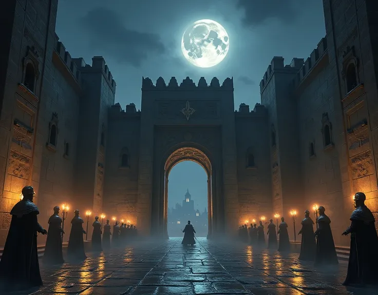 "A grand, imposing view of King Belsazar’s palace under the moonlight, set against a dark, ominous sky. The massive stone walls of the palace rise high, adorned with intricate carvings and shining golden accents, but the grandeur contrasts with the forebod...