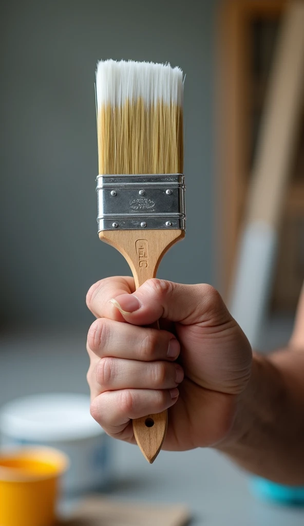 a house painters pro grade brush 2.5 inch being held, between his thumb and forefinger