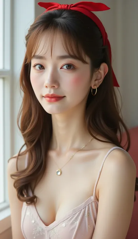  1 girl, Beautifully Detailed Faces :1.3、 face close-up:1.6、Your whole face fits in the frame:1.6、((She has a big red ribbon in her hair, Like a doll...:1.6))、 (( very small flat chest:1.7))、(Sheer camisole with loose chest :1.7), (( and sit :1.6))、 Pink E...