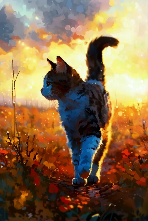 Illustration of a cat walking on the prairie