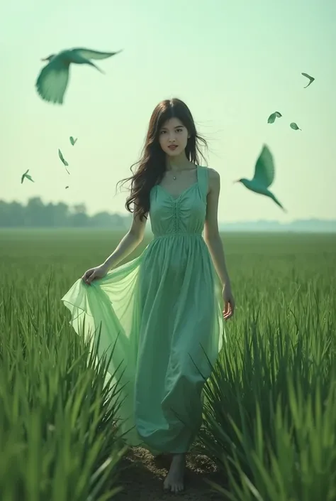 /I The figure of a woman wearing a dress walking in the tall dark grass, simple clothes, light green clothes, paper flying in the sky, flowing fabrics flying, Extreme Close Up:: 3. Shooting above the chest, the realistic fantasy style of photos, Zhang Jing...