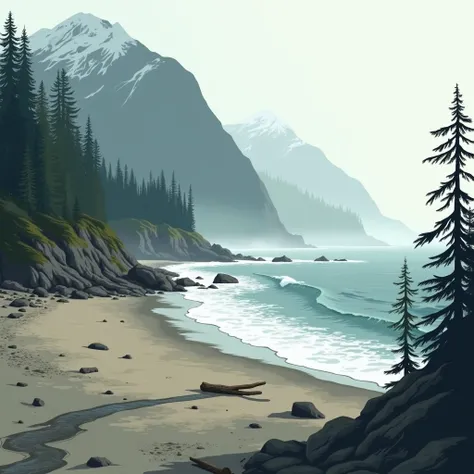 Render an atmospheric landscape illustration depicting a dramatic Canadian west coast shoreline. On the left, a wide, sandy beach leads up to a forested ravine shrouded in misty fog. On the right, the open ocean stretches out with gently lapping waves. Tow...