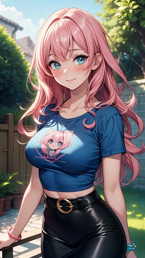 ((masterpiece, best quality:1.3, high detail)), beautiful woman, smile, long wavy hair, (pink hair), (full-face blush), ((blue t-shirt), graphic tee), (long black midi pencil (skirt)), large breasts, skirt belt, tight skirt, bracelets, collarbone, midriff,...