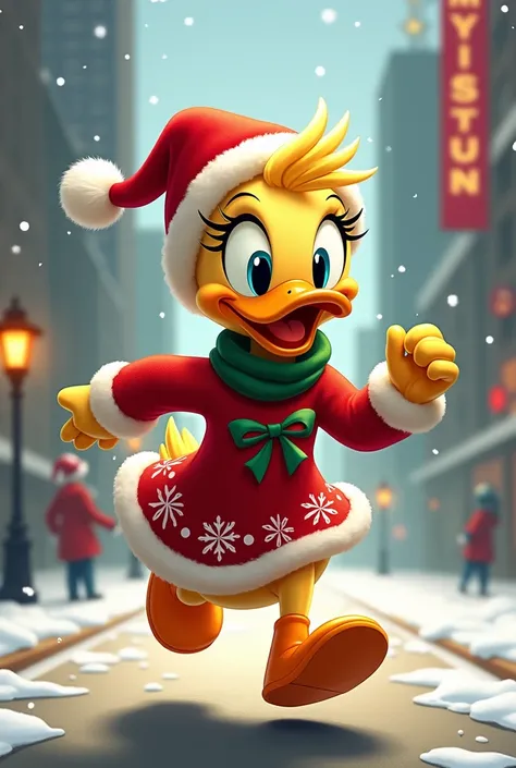 Act like a graphic designer and create Daisy Daisy Pato from Disneys McPato family in a Christmas outfit with a Christmas hat for urban runnner