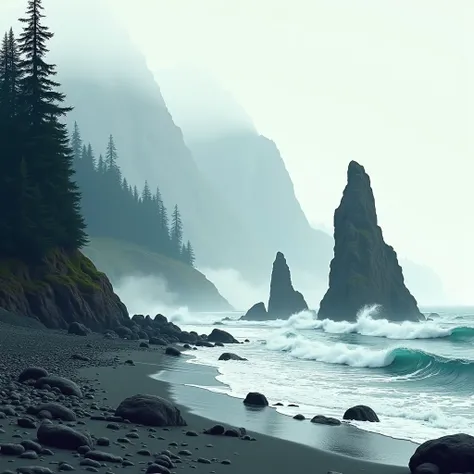 Render an atmospheric landscape illustration depicting a rugged Canadian west coast shoreline. On the left, a rocky, windswept beach is battered by crashing waves from the open ocean on the right. Towering, jagged sea stacks rise up from the churning water...