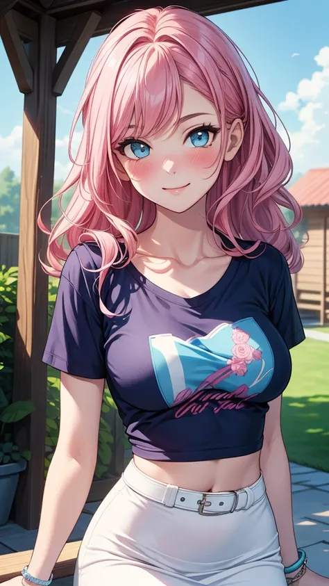 ((masterpiece, best quality:1.3, high detail)), beautiful woman, smile, long wavy hair, (pink hair), (full-face blush), ((blue t-shirt), graphic tee), (long white midi pencil (skirt)), large breasts, skirt belt, tight skirt, bracelets, collarbone, midriff,...