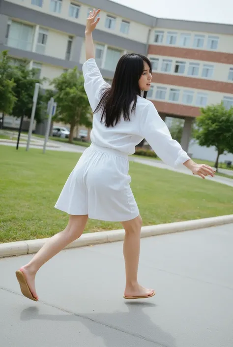 A realistic Japanese high school girl, carefully drawn down to the smallest detail, is dashing at full speed in a loose blouse and pleated skirt with an inseam length、
