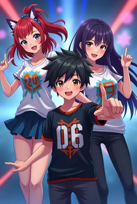 Anime gaming style, a boy with a gaming t-shirt that says jungle and its has a number 06, a girl with a gaming t-shirt that says support and its has a number 20, another girl with a gaming t-shirt that says mage and its has a number 15.