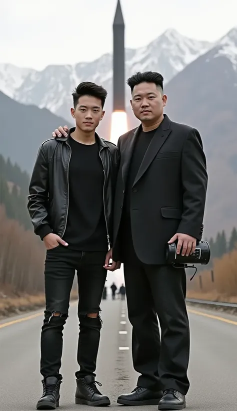 Photo of a young Korean man with short black hair and a short neck. He has a handsome face and is wearing a black T-shirt, black leather jacket, black ripped jeans, and black Nike Jordan shoes. He poses with one hand symbolizing metal music and beside him ...