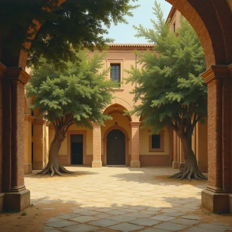 Early Renaissance-style image, of an earthen courtyard with a few trees