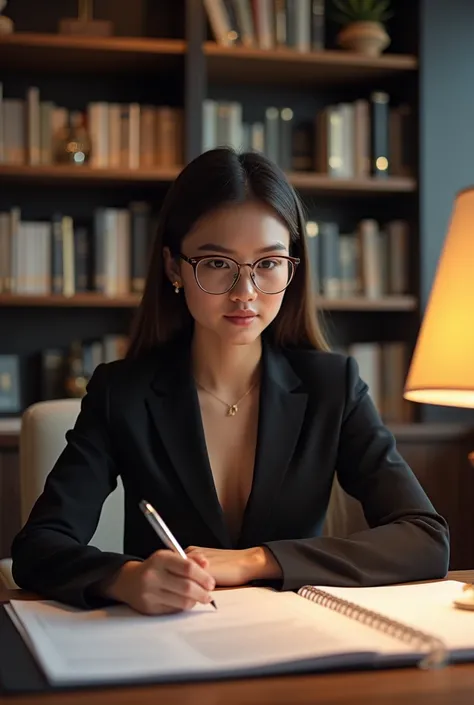  Prompt for Lawyer in the Office :
 “A young and confident lawyer seated in her modern office ,  surrounded by shelves filled with legal books .  She is dressed in an elegant black suit ,  with subtle details in gold ,  elements while holding a pen in one ...