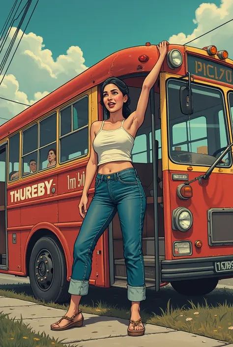 comic+carton+realism, a 20-year-old woman is standing on the bus holding onto the roof of the bus, she is Latina, she is wearing a sleeveless blouse, jeans, sandals, her face is flushed, her armpits have dark spots, ((people look at the woman with disgust)...